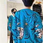 Hearujoy Vintage Tiger Print Patchwork Sweatercoat for Men and Women Japanese V Neck Baggy Casual Knitted Sweaters Oversized Clothes